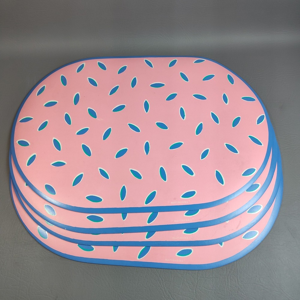 Vintage Marimekko Vinyl Placemats Oval Pink Blue Abstract "Sprinkles" MCM 1970s